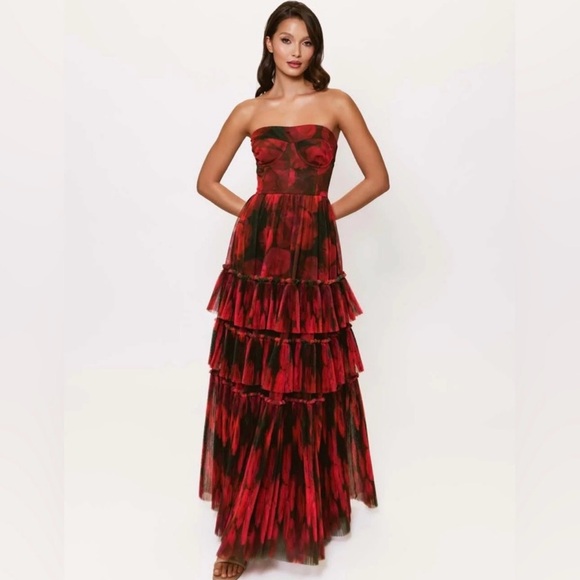Hutch Dresses & Skirts - Hutch Isabella Strapless Red and Black Tiered Ruffle Gown